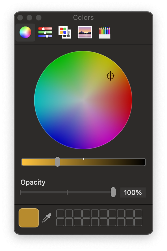 The color picker showcasing the opacity and color wheel